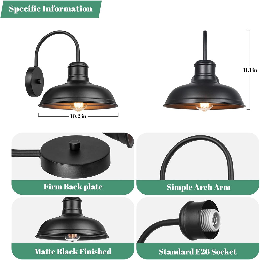11" Outdoor Wall Lights, 2-Pack Black Wall Sconces Farmhouse Gooseneck Barn Lights for Porch
