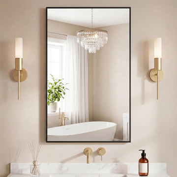 24x40 Wall Mirror, Bathroom Mirrors for Over Sink, Black, Matte Metal Framed Vanity Mirror with Tempered Glass