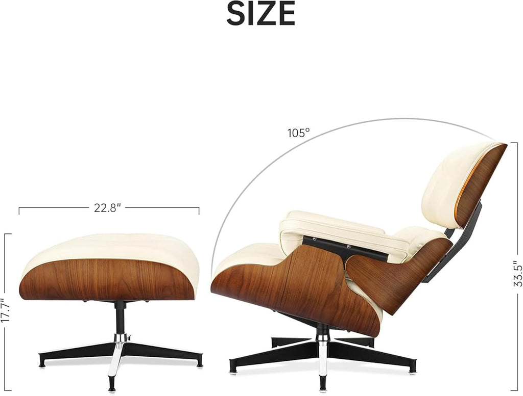 Mid-Century Modern Lounge Chair & Ottoman — Cream Bonded Grain Leather, Walnut Base, Premium Tall Back