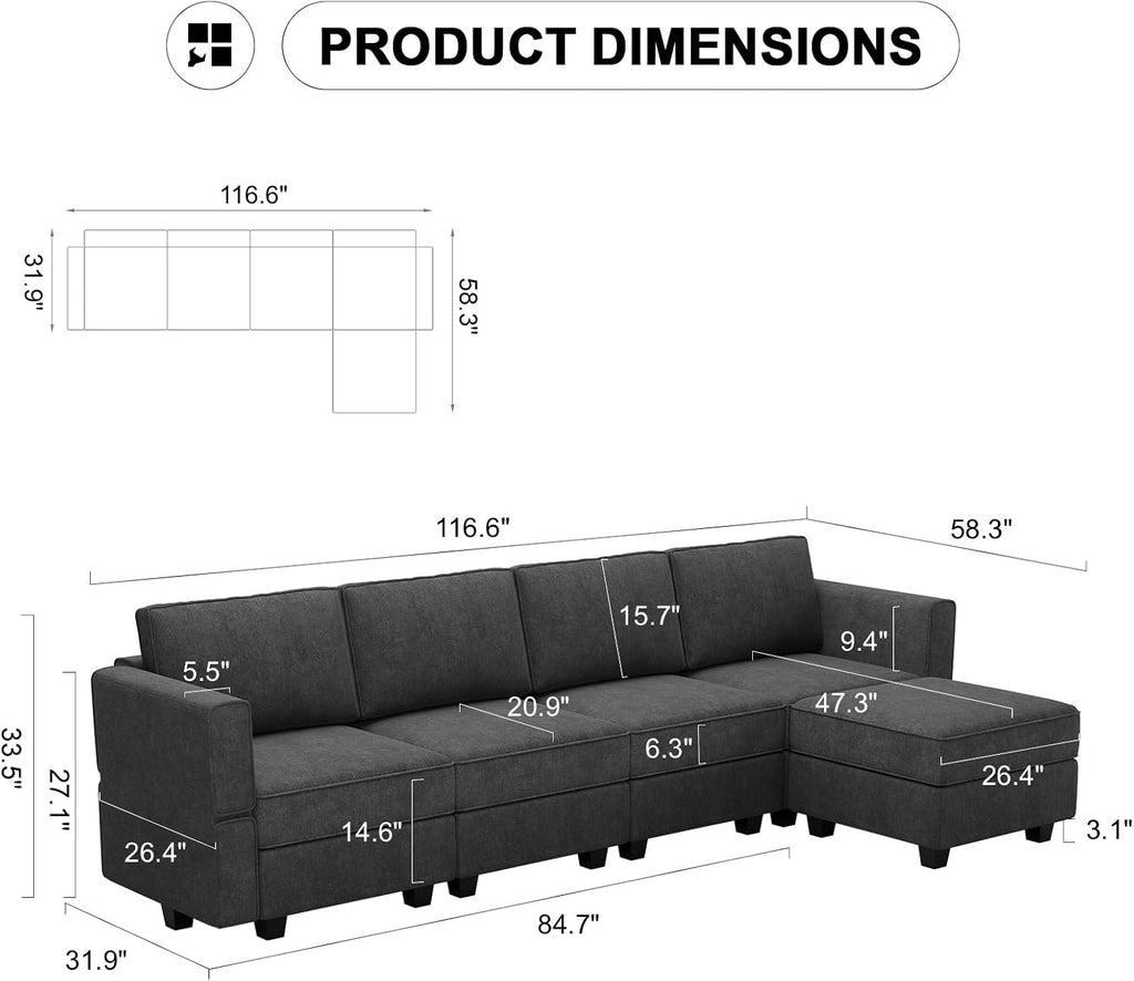 Modular Sectional Sofa with Chaise Convertible L Shaped Couch with Sotrage Ottoman. Dark Grey Couch
