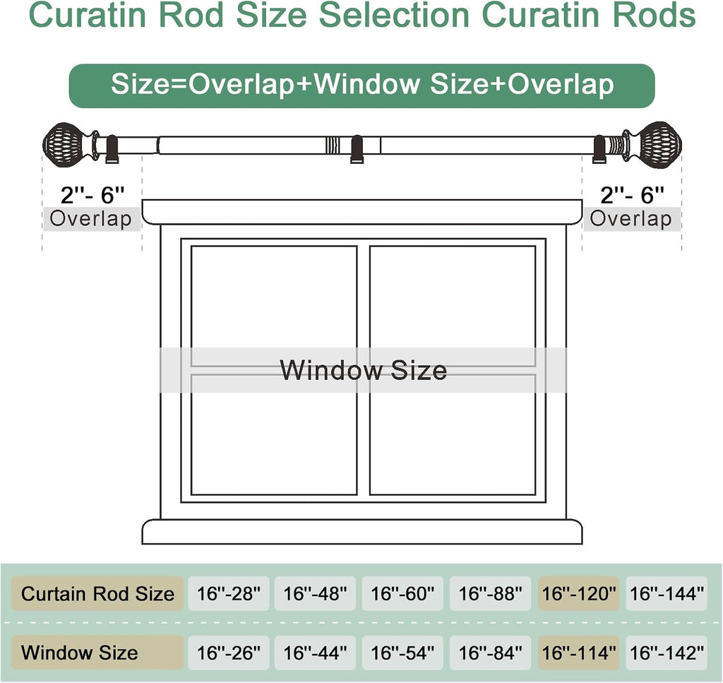 Curtain Rods for Windows 16 to 120 Inches Adjustable Length 1 Inch Diameter Window Curtain Rod with Wood Grain Leaf