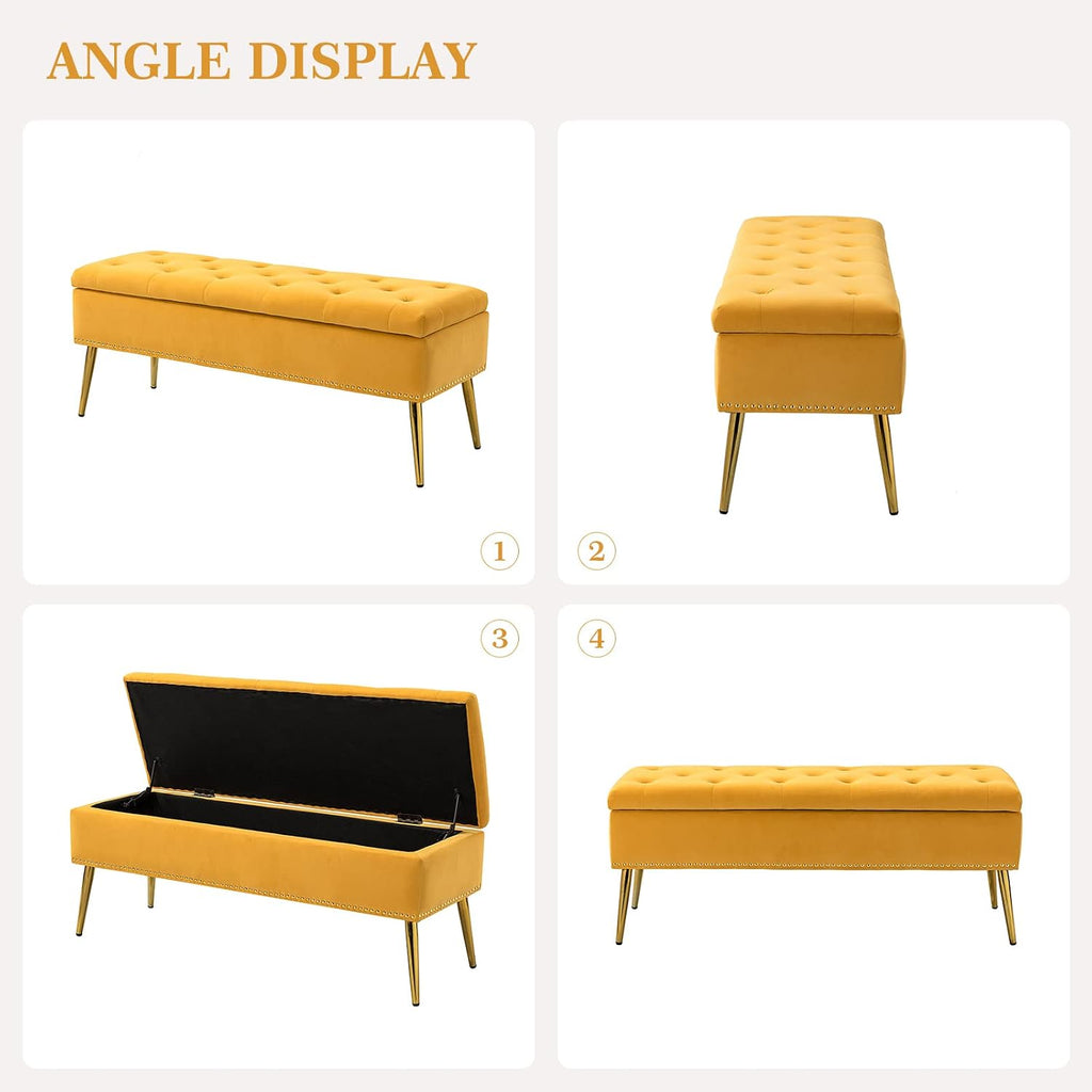 Modern Velvet Storage Ottoman Bench with Gold Base & Nailhead Trim, Upholstered Bedroom Bench for End of Bed