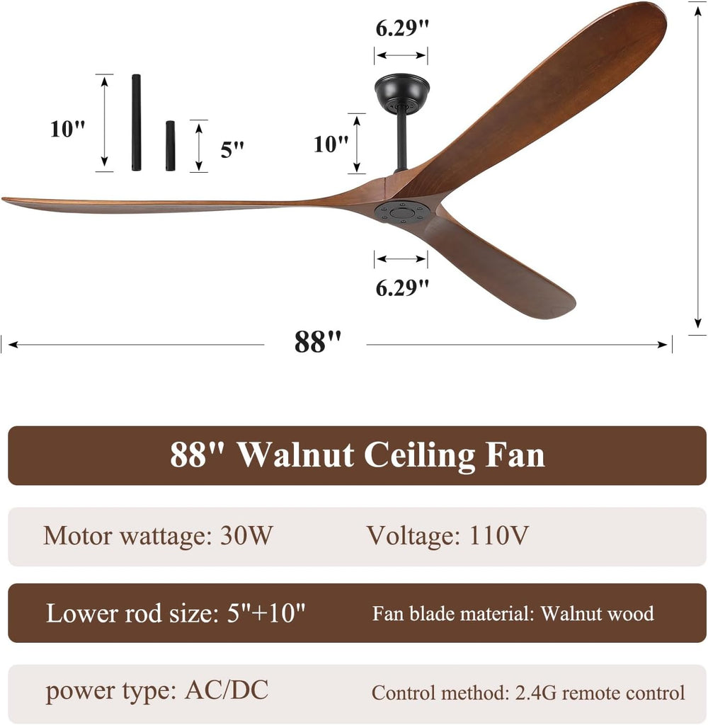 Inspired Maverick Style 88" Ceiling Fan, Extra Large No Lights, 3 Wood Walnut Blades, DC Motor, Reversible Propeller Outdoor Ceiling Fan for Patios, Exterior House Porch, Farmhouse Gazebo with Remote Control