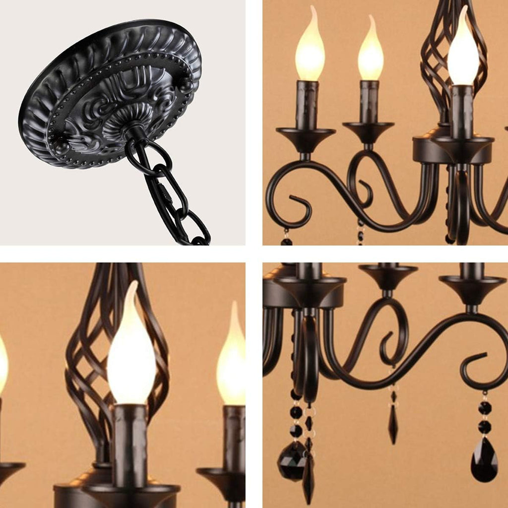 Farmhouse Black Crystal Candle Chandelier, 5 Lights Rustic Industrial Vintage Pendant Light Fixture Hanging Light for Living Room Bedroom Hallway Kitchen Dining Room, E12 Socket