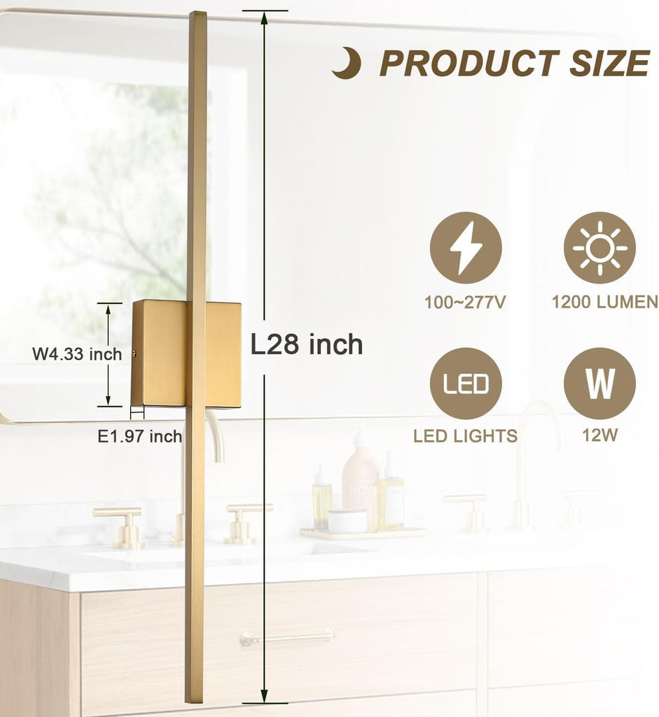 Wall Sconces Set of Two, LED Dimmable Sconces Wall Lighting, Brushed Gold Modern Wall Sconce Light for Bathroom