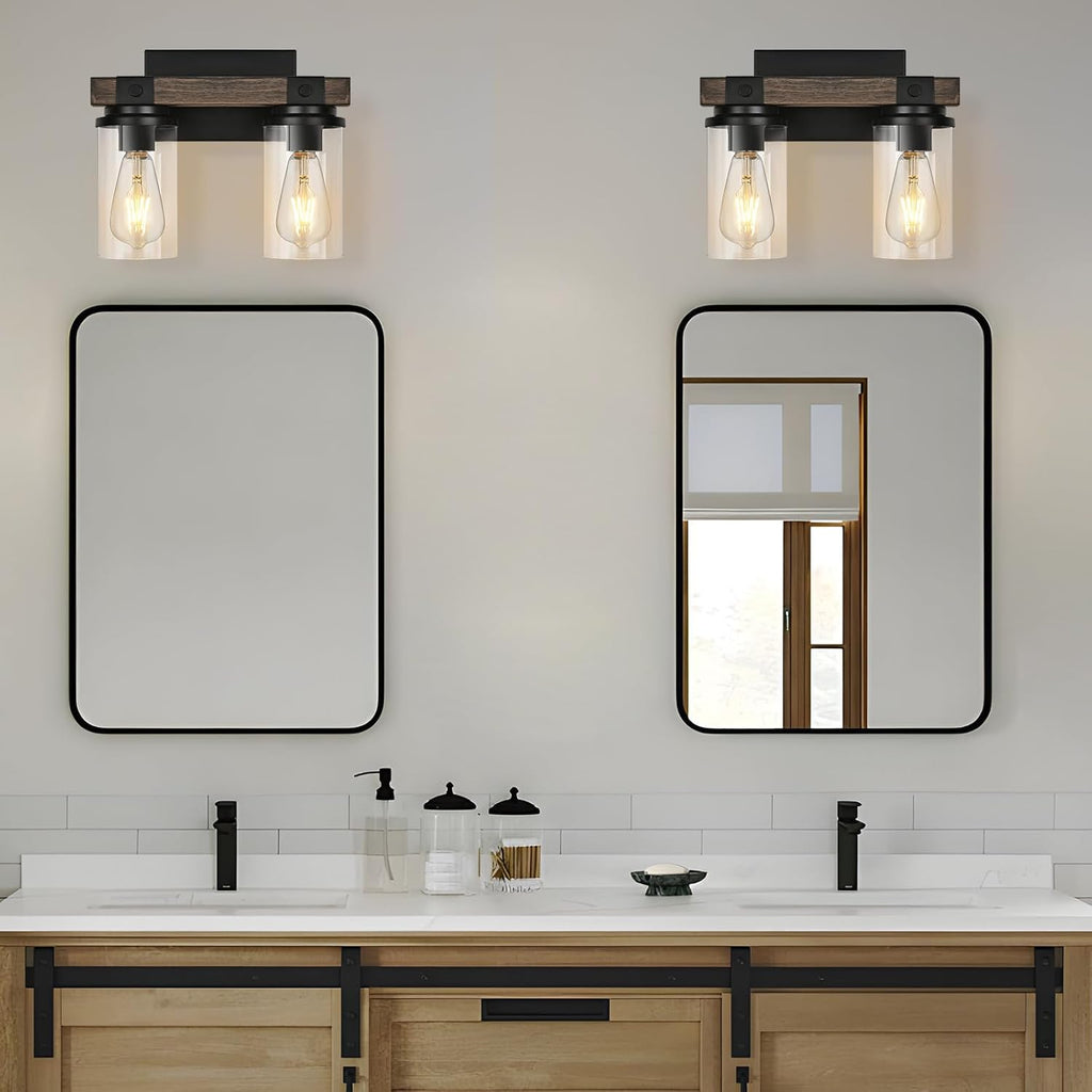 Farmhouse Bathroom Light Fixture Wood Black Vanity Lighting 2-Light | Wooden Wall Sconce Industrial Rustic Wall Light