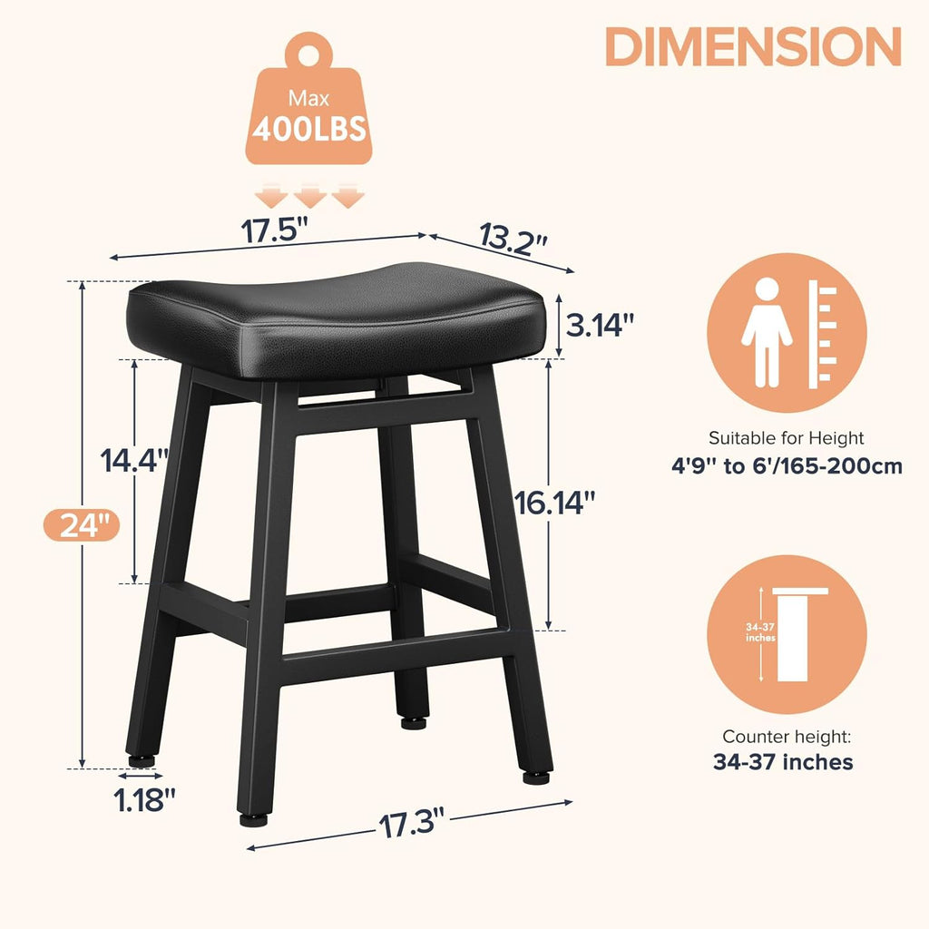 Counter Height Bar Stools Set of 2, 24 Inch Barstools Counter, Kitchen Stools with Bonded Leather Saddle Seats