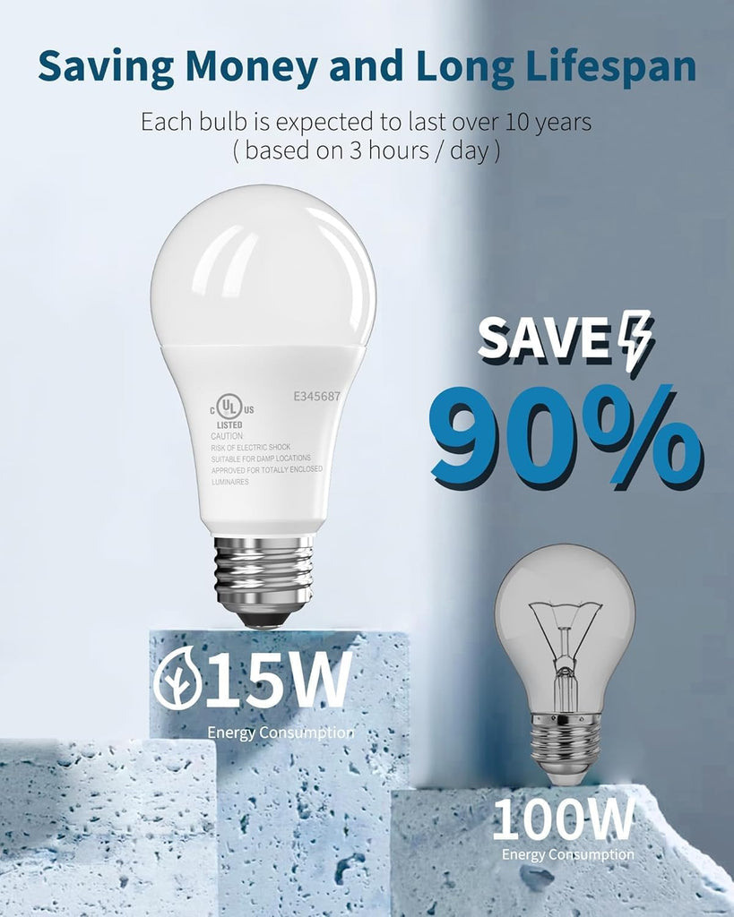 12 Pack LED Light Bulbs, 100 Watt Equivalent A19, 5000K Daylight LED Bulb, 15W Bright White Energy Saving Lightbulbs
