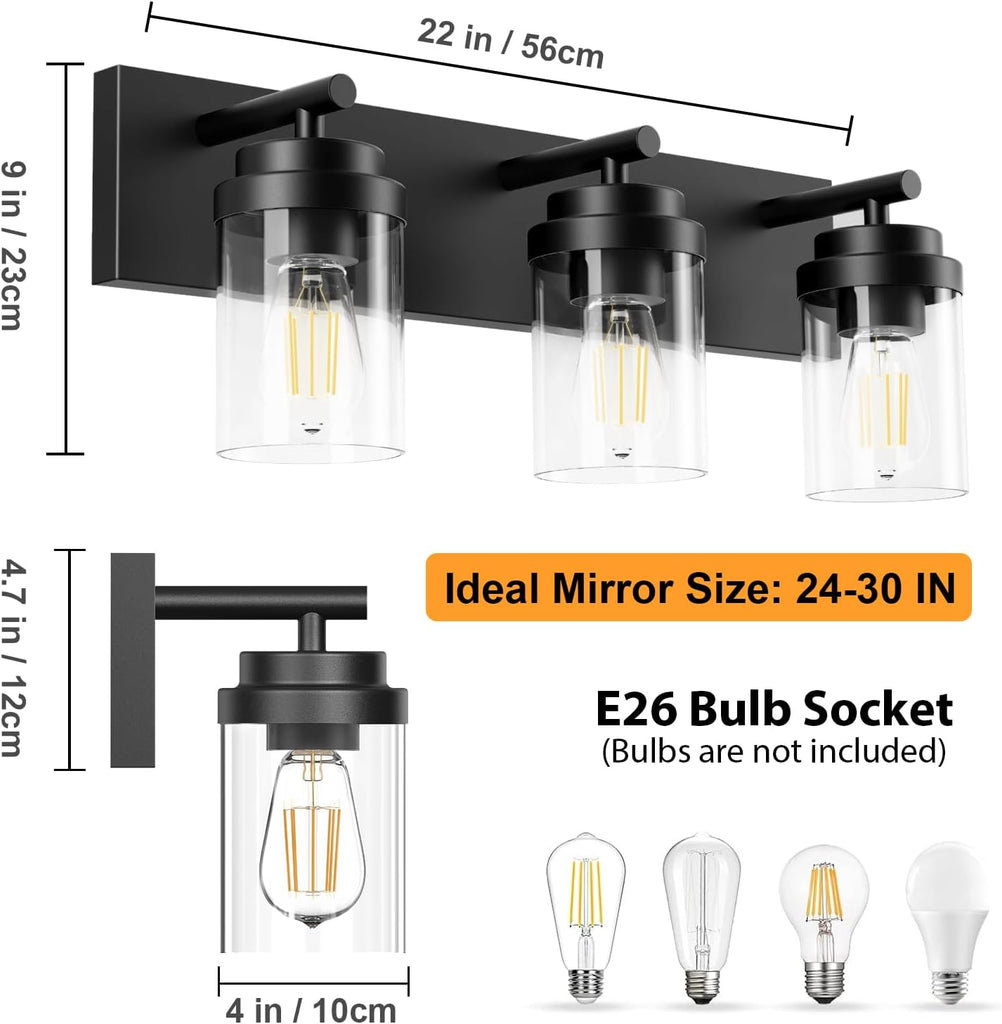Bathroom Vanity Light Fixture, 3-Light 22 Inch Matte Black Bathroom Light Fixtures Over Mirror, with Clear Glass