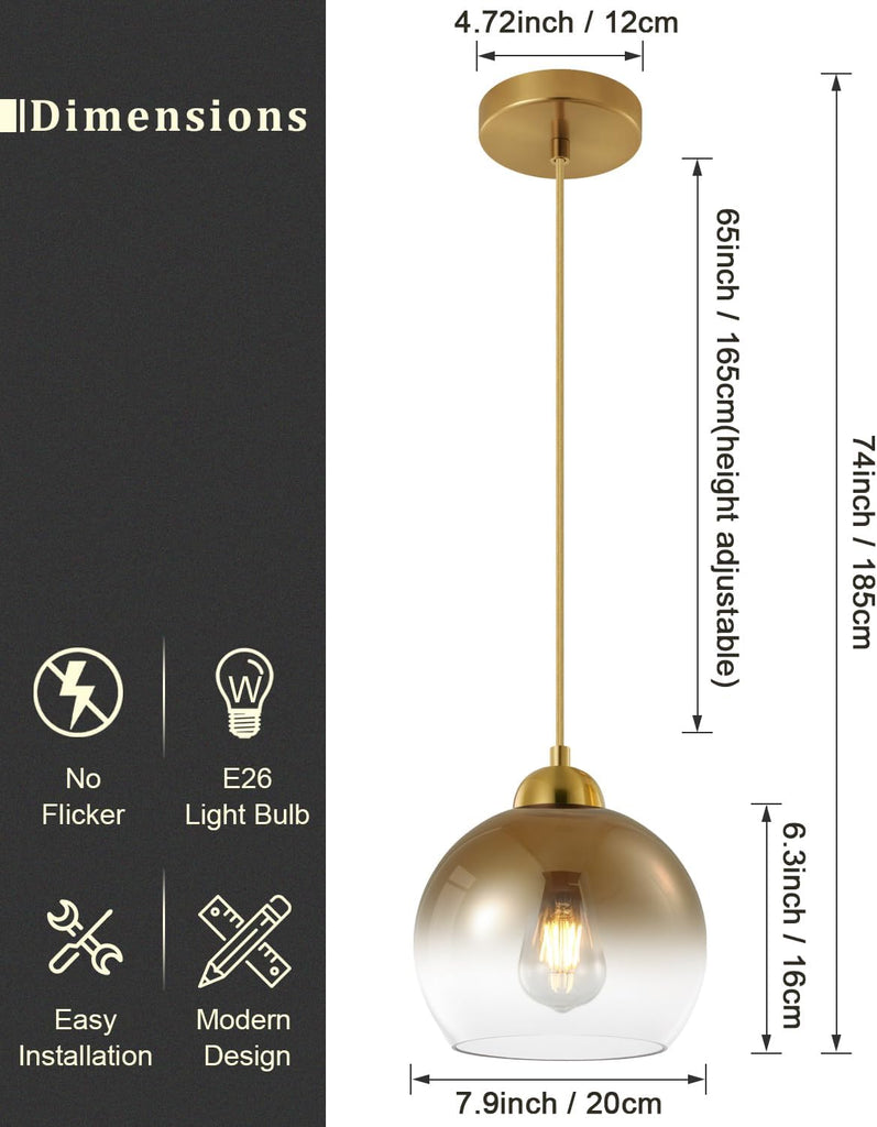 Modern Gradient Gold Glass Pendant Light，7.8-Inch Globe Adjustable Hanging Pendant Light for Bedroom Kitchen Island