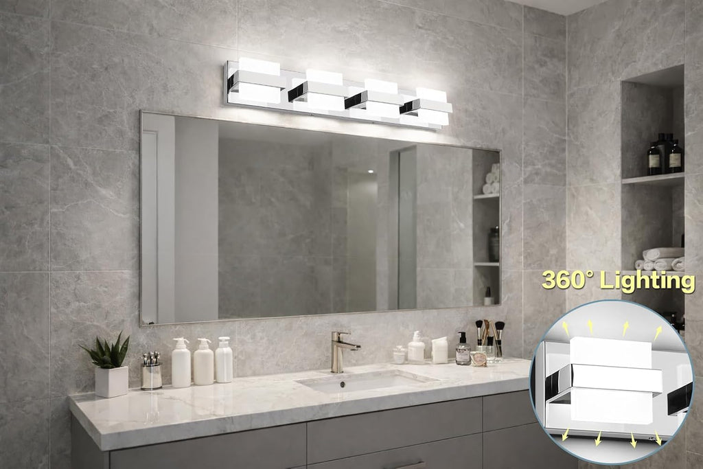 Modern Vanity Light Chrome, 32W Dimmable LED Bathroom Light Fixture Over Mirror, 2560LM Bright Minimalist Vanity