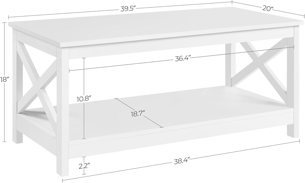 Wood 2-Tier White Coffee Table with Storage Shelf, X Design Accent Cocktail Table, Simple Design Home Furniture