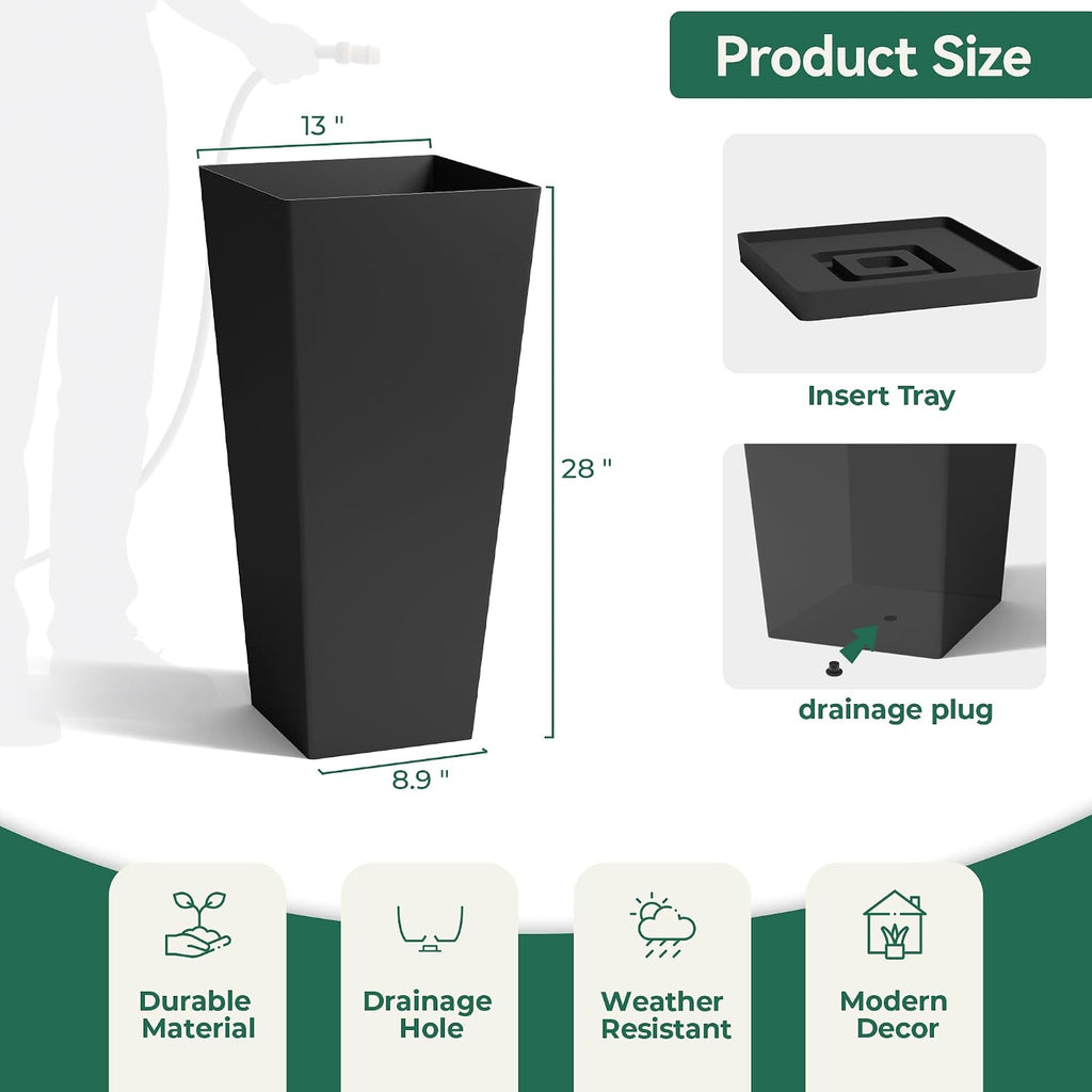 Large 28 in.Tall Planters Set of 2 for Indoor and Outdoor, Heavy Duty Plastic Black Modern Taper Flower Plant Pots