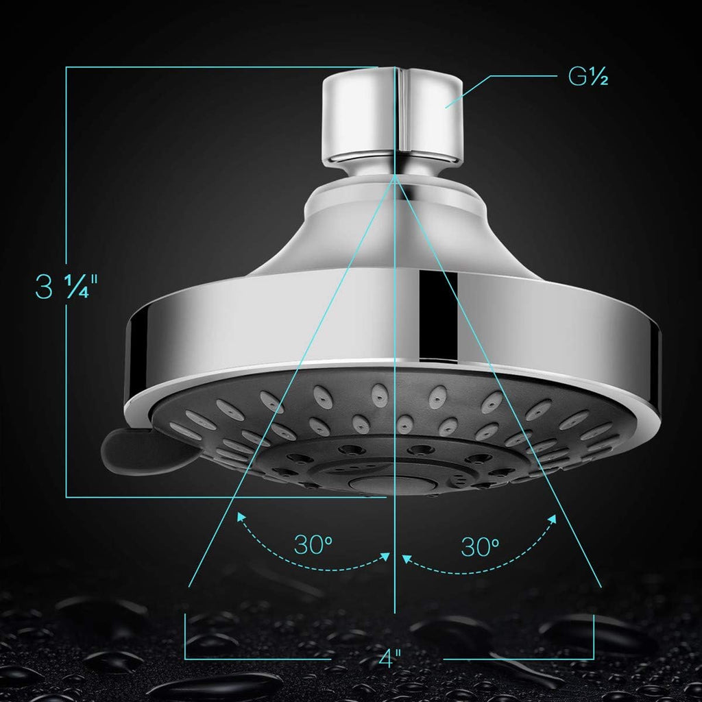 High Pressure Shower Head 5 Settings Fixed Showerhead 4 Inch High Flow Bathroom Showerhead with Adjustable Brass Ball
