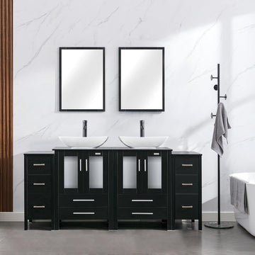 72" Modern Bathroom Vanity Sink Combo Black W/Small Side Cabinets White Curved Ceramic Vessel Sink & Water Save Faucet & Pop Up Drain
