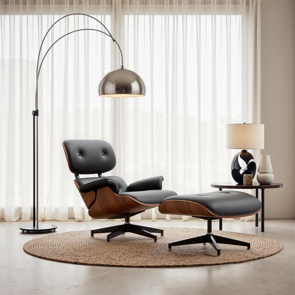 Modern Reclining Swivel Lounge Chair and Ottoman — Black Leather