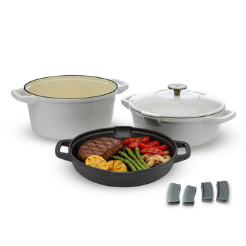 5pc Stackable Cast Iron Cookware Set, Versatile Enamel Dutch Oven, Seasoned Grill Pan & Enamel Braiser with Precision