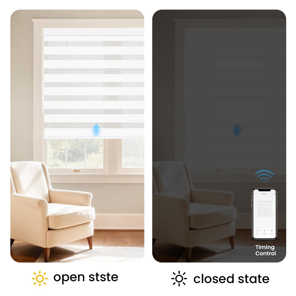 No Drill Motorized Blinds with Remote, 75% Blackout Automatic Smart Zebra Shades Blind, Dual Layer Smart Automatic