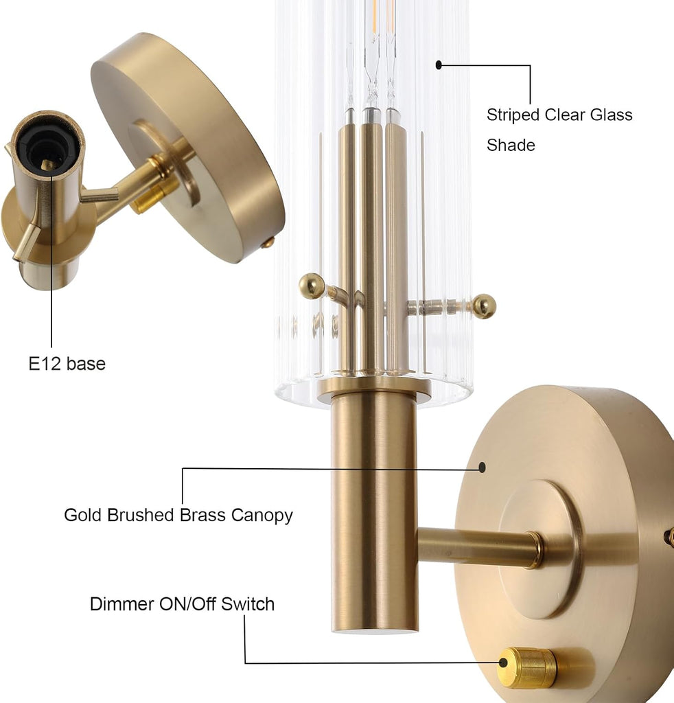 Modern Wall Sconces with Dimmer ON/Off Switch Gold Brushed Brass Bathroom Vanity Light Fixtures Striped Clear Glass