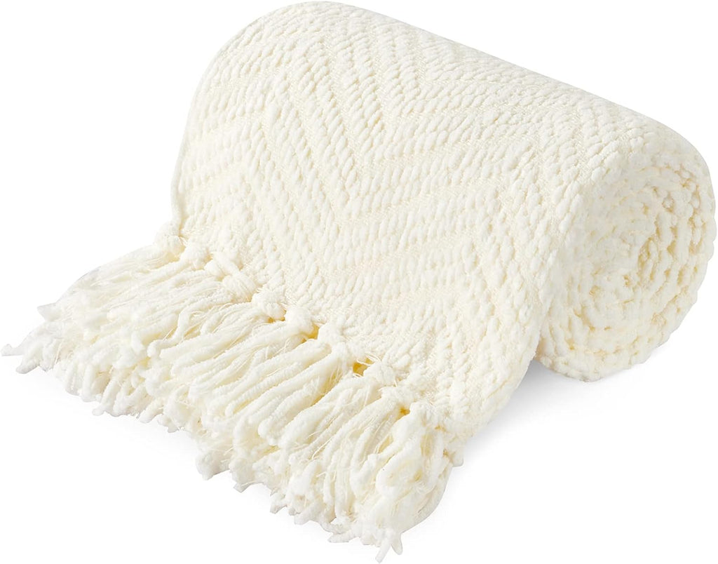 Warm Tassel Knit Blanket Throw Size, Cream Thick Knitted Armchair Office Chair Throw Blankets, Winter Chunky
