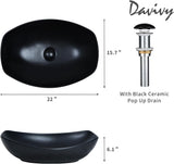 22" x 15.7'' Large Matte Black Oval Vessel Sink with Pop Up Drain,Bathroom Vessel Sinks,Bathroom Sinks Above
