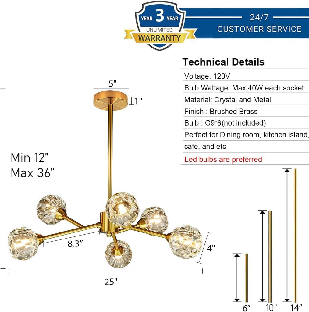 Sputnik Chandeliers for Dining Room Light Fixture Over Table, Modern Crystal Chandeliers, 6 Lights Gold Lighting Fixtures for Living Room Bedroom Kitchen Island