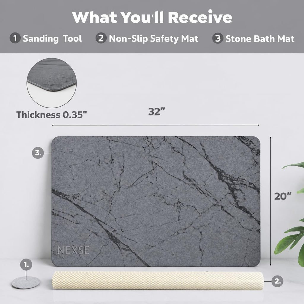 Extra Large Stone Bath Mat (32" x 20") | Non Slip Super Absorbent Quick Dry Diatomaceous Earth Bath Mat | XL