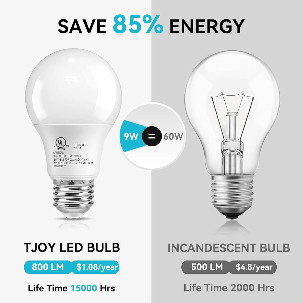 6 Pack LED Light Bulbs 60 Watt Equivalent, Daylight White 5000K A19, Efficient 9W, E26 Standard Base, 800 LM Energy