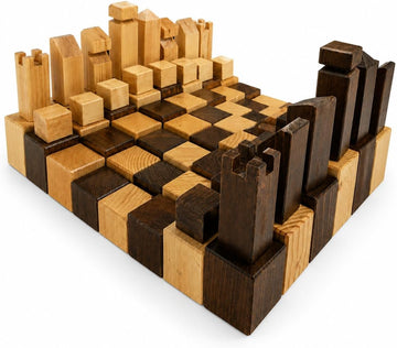 Handmade Wooden Chess Set 40x40 cm, 3D City Skyline Chess Board with Architectural Chess Pieces, Rustic Wood Strategy