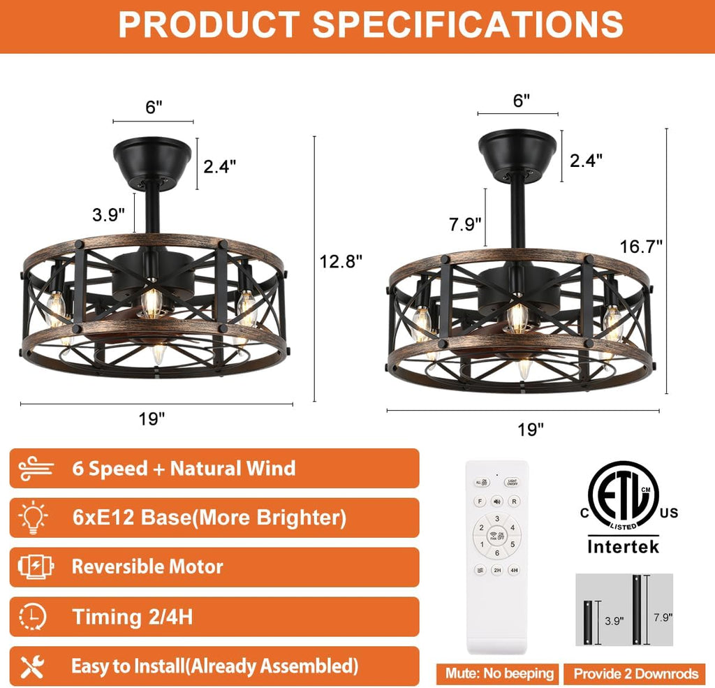 19" Farmhouse Fandelier Ceiling Fan with Light, Caged Bladeless Ceiling Fans with Lights and Remote, Modern Small Enclosed Ceiling Fans with Lights for Living Room, Bedroom, Black