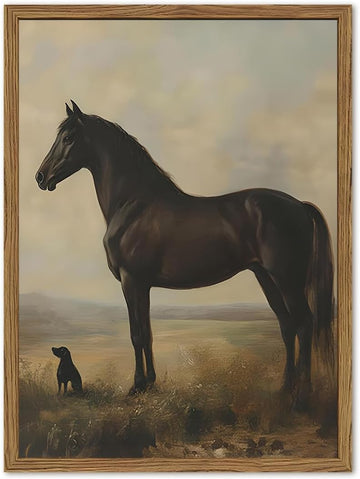 Vintage Black Horse Wall Art Cottagecore Horse and Dog Wall Decor Painting, Moody Rustic Animal Poster Canvas Print