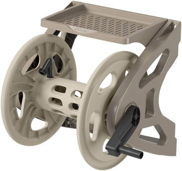 Handler Durable Hard Plastic Wall Mounted Outdoor Retractable Garden Hose Reel with Storage Tray and 200 Feet Hose