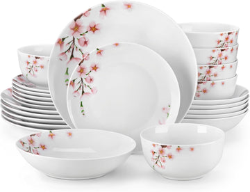 Dinnerware Sets for 6, 24 Pieces Porcelain Plates and Bowls Set with Pink Floral