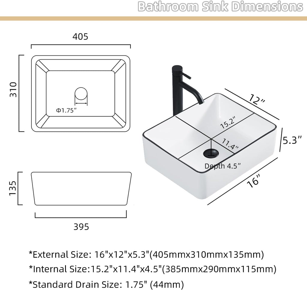 Rectangle Vessel Sink, 16"x12" Above Counter Bathroom Sink Rectangular Small White Ceramic Vessel Sinks for Bathrooms
