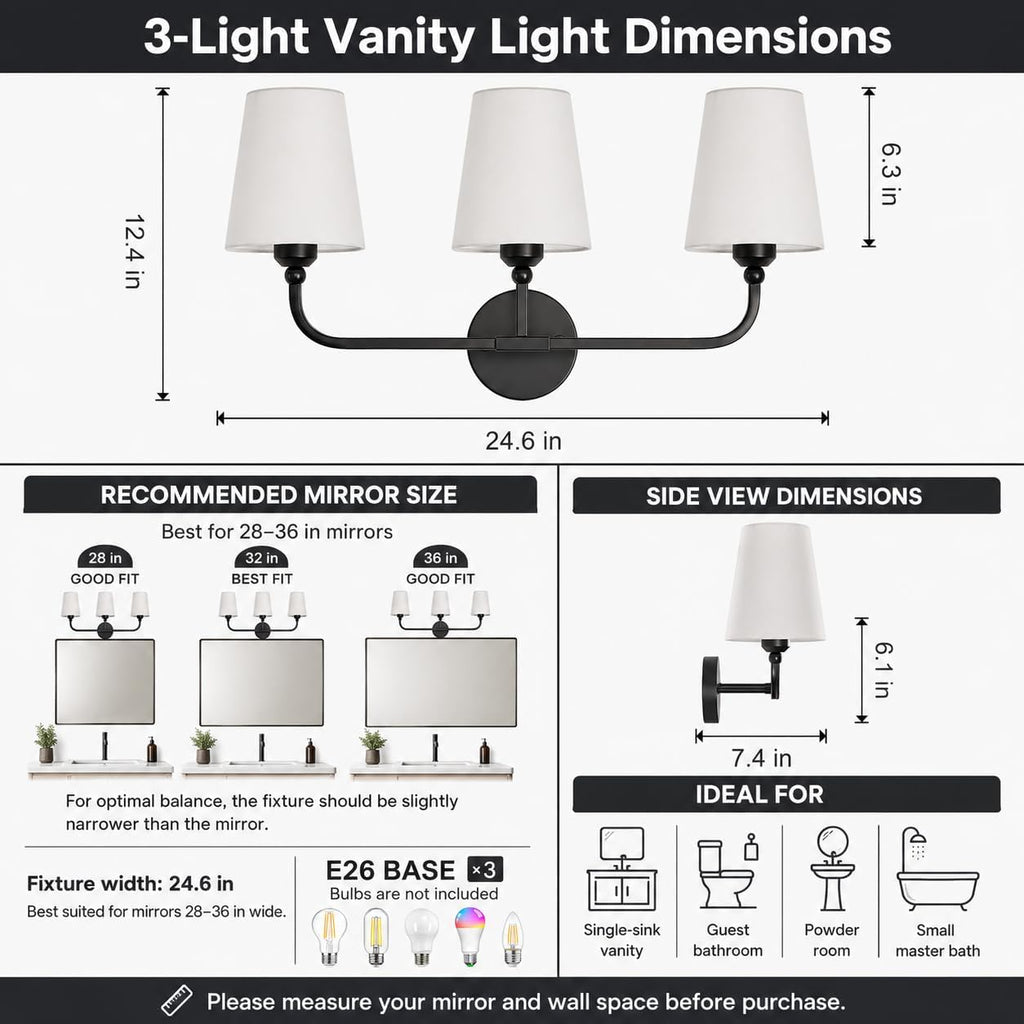 Bathroom Vanity Light, Matte Black Bathroom Lighting Fixtures Over Mirror | 3-Light Bathroom Light Fixtures with