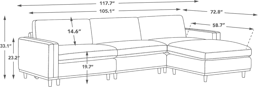 118" Super Large Luxury Sectional Modular Sofa, Down Filled, 4 Seat Couch, Grey