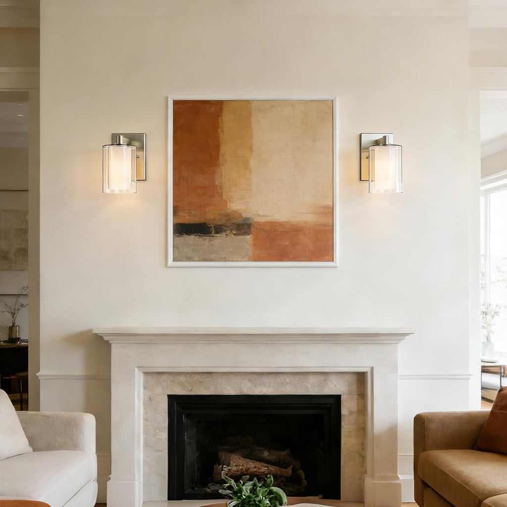 Wall Sconces Set of Two, Modern Brushed Nickel Vanity Wall Lights | Double Clear Glass Shades With E26 Base