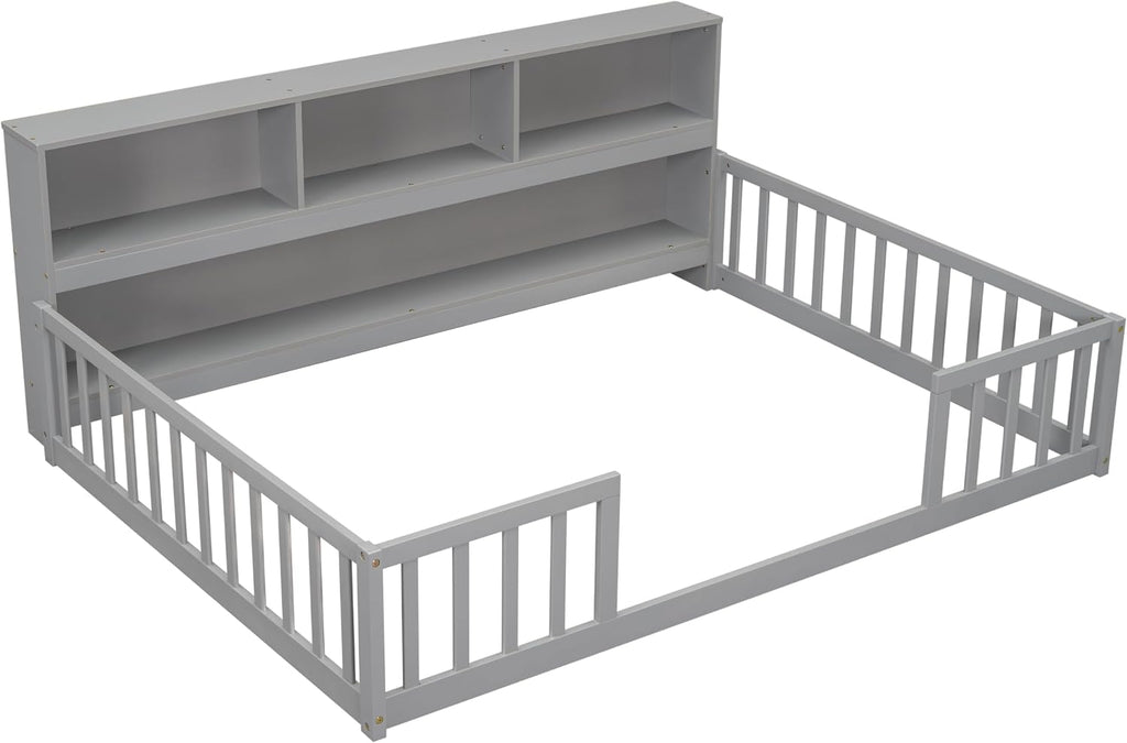 Kids Montessori Floor Bed,Full Size Floor Bed with Bookcase and Shelves,Full Bed Frame with Guardrails for