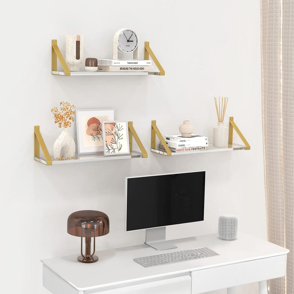 Clear Shelves, Gold Floating Shelves Wall Mounted Set of 3, 8mm Transparent Acrylic, Invisible Wall Shelves Display