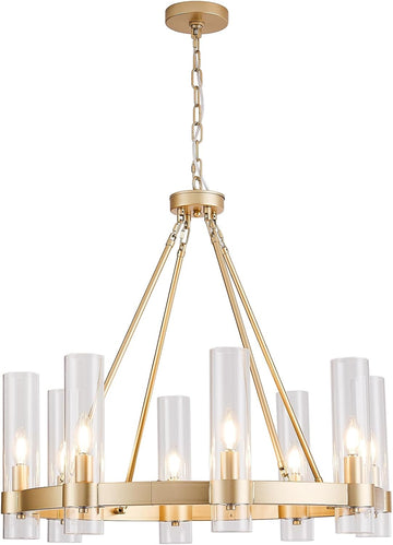 Inspired Ravelle Style Wagon Wheel Chandelier 8-Light Glass Pendant Light, Industrial Modern Golden Pendant Light, Suitable for Living Room Lighting Fixtures, Dining Rooms, Halls, Lobbies, Bedrooms