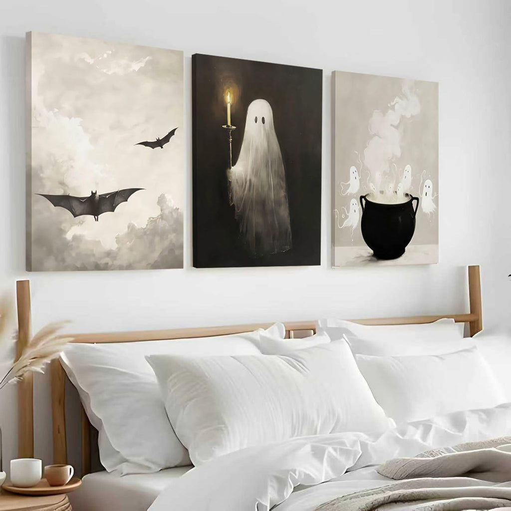 Fall Halloween Wall Art Set of 3, Vintage Halloween Ghosts Canvas Painting Wall Decor, Ghost Bat Funny Spooky Gothic