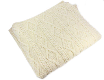 Woollen Mills 100% Irish Plaited Aran Celtic Cream Couch Throw Blanket 40"x 66"
