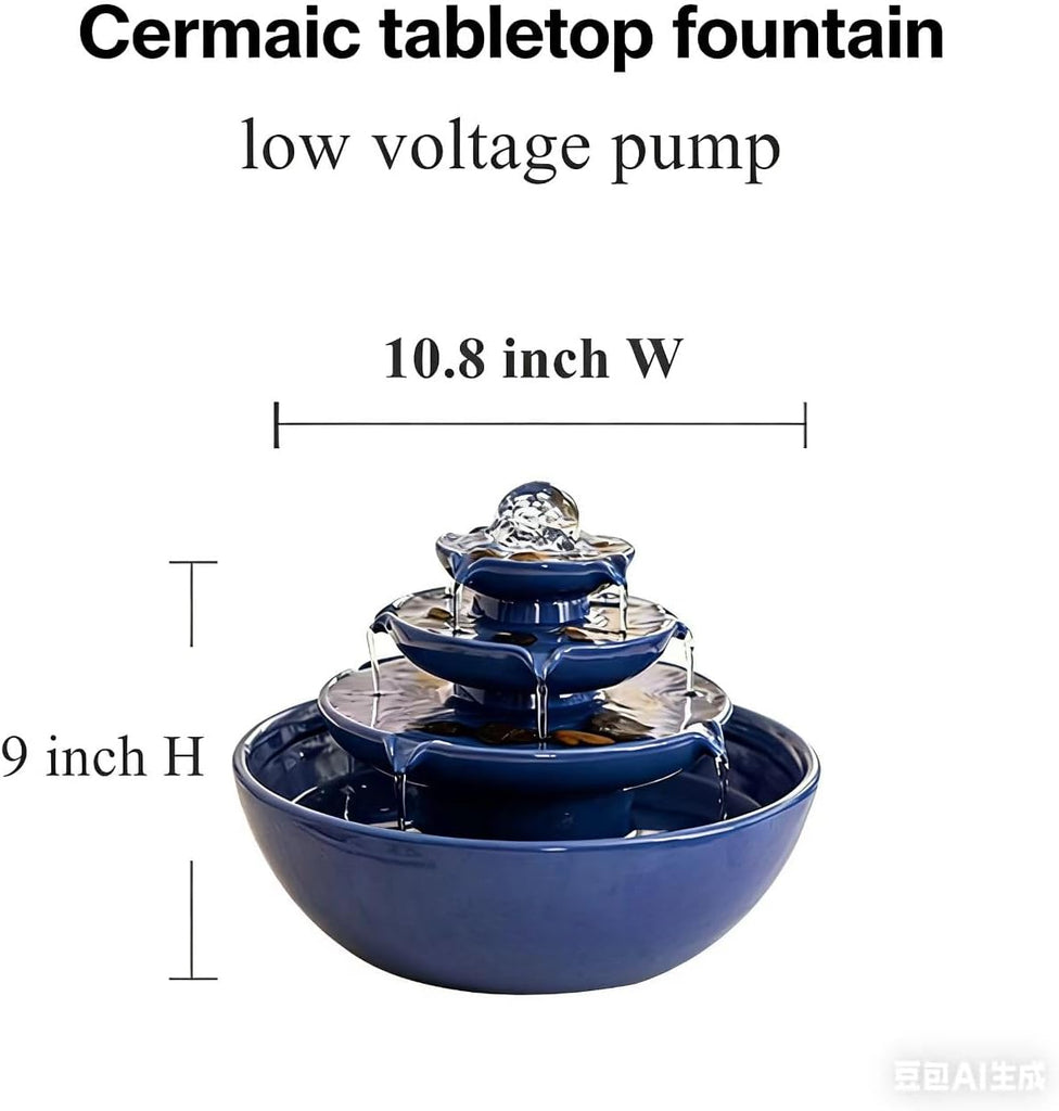 Ceramic Tabletop Fountain with Ball Table Desk Office Patio (Blue 2 A199)