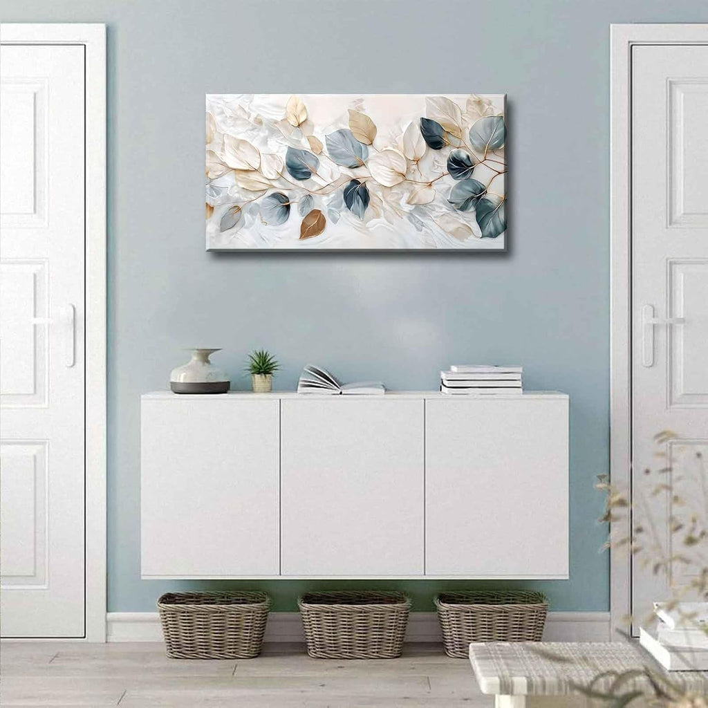 Large Living Eucalyptus Leaf Canvas Wall Art Teal White Botanical Abstract Decor painting Pictures Modern Nordic