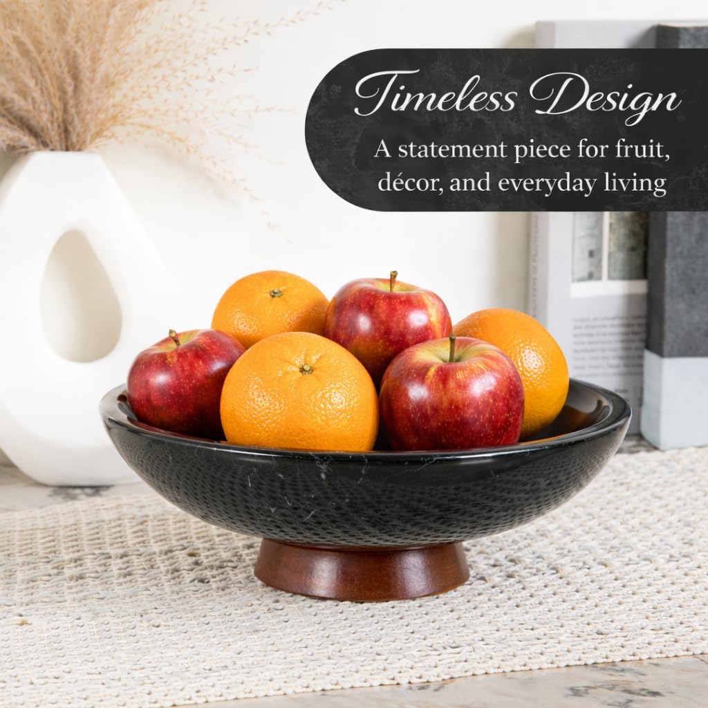 Decorative Marble Bowl Black - Handcrafted Natural Stone on Acacia Wood Pedestal - Versatile 10" Catch‐All