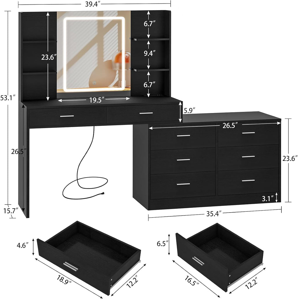 Vanity Desk with LED Lighted Mirror & Power Outlet, Modern Corner Makeup Vanity Table with 8 Drawers & Open Shelves