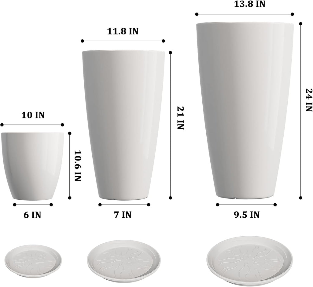 24,21,11 inch Large Planters with Drainage Hole & Saucer, Set of 3 Plant Pots Tall Planter for Indoor & Outdoor
