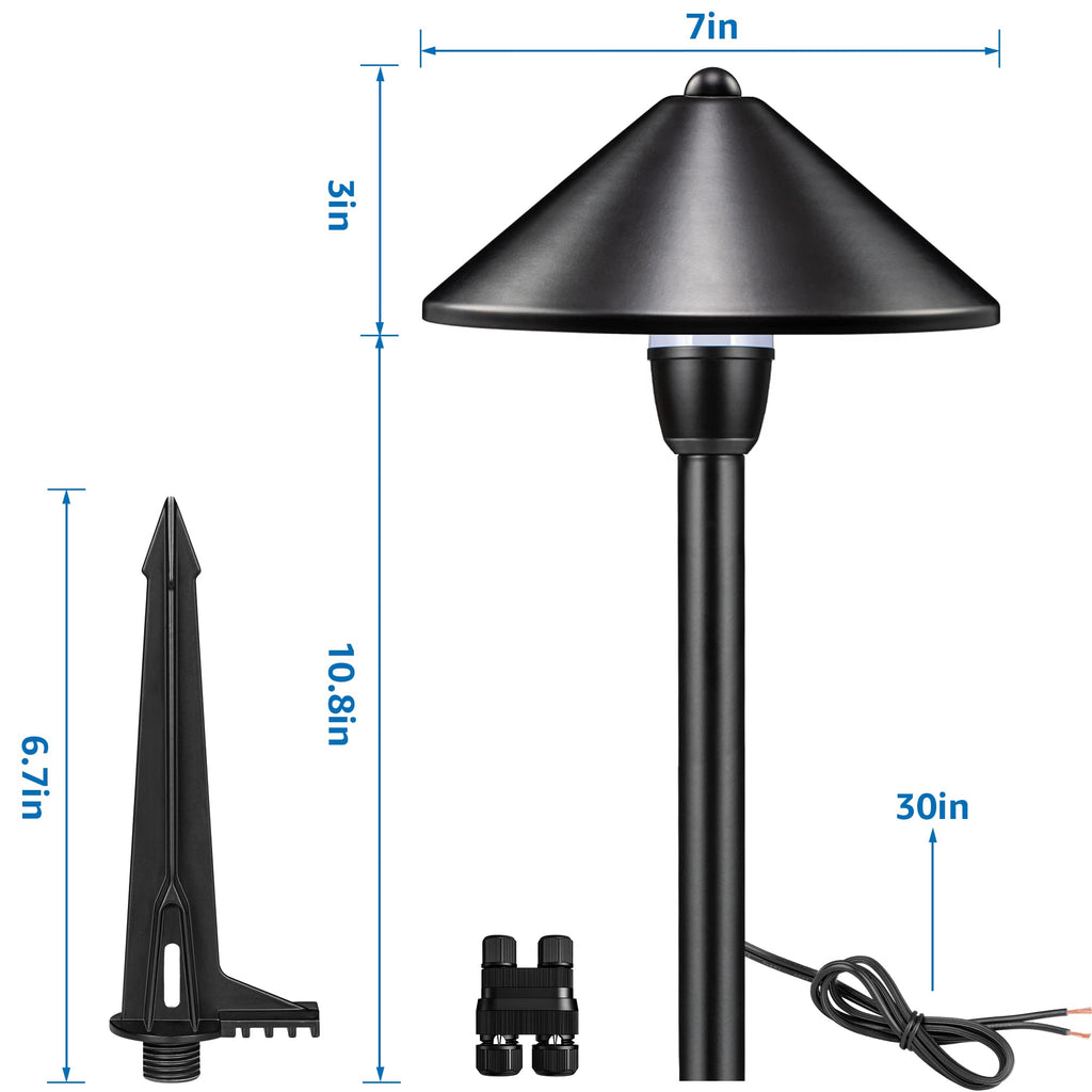 4-Pack 7" Low Voltage Path Lights Black Aluminum, Conical Hat Design