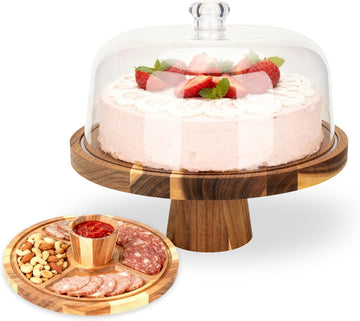 Acacia Wood Cake Stand with Lid | 12 Inch Wooden Cake Stand with Acrylic Dome & 2-in-1 Design | Multi-Purpose Dessert