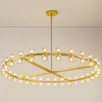 Modern Large 60inch Brass Gold Round Chandelier, 60-Light Crystal Chandelier for Living Room,Indoor Large Space Chandelier Fixtures,Farmhouse Wagon Wheel Chandelier,Including Lightbulbs